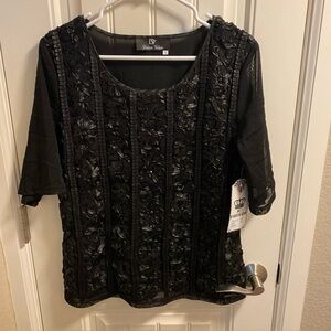 NWT XL blouse black Dulcci Vetan size X Lg ribbon flower top shirt Pretty NEW
